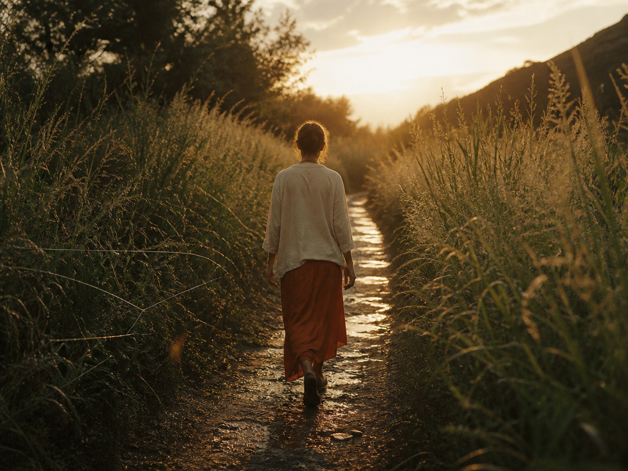 Mulher caminhando por um caminho iluminado ao amanhecer